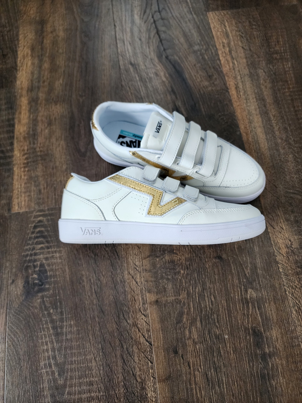 Vans White Velcro Sneakers with Gold Accent
